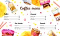 Cafe menu design template with list of coffee drinks and food. Watercolor hand drawn illustration with cakes, glasses and mugs