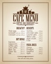 Cafe menu list with dishes name, retro design.