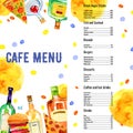 Cafe menu rectangular design template with list of drinks and food. Pizza, burger, alcohol bottles and cocktails