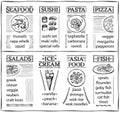 Cafe menu with seafood, sushi, pasta, pizza, salads, ice-cream, asia food and fish dish