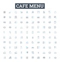 Cafe menu vector line icons set. Coffees, Desserts, Sandwiches, Drinks, Food, Salads, Sides illustration outline concept Royalty Free Stock Photo