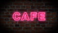 Cafe neon sign on brick wall background. 3D rendering. Royalty Free Stock Photo