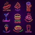 Cafe neon signs. Food and drink glowing light billboards. Burger and pizza restaurant, beer pub, steak house and coffee