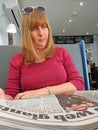 Cafe newspaper woman Royalty Free Stock Photo