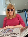 Cafe newspaper woman Royalty Free Stock Photo