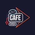 Cafe open 24 7 retro neon sign, vintage bright glowing signboard, light banner vector Illustration