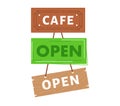 Cafe open sign hanging, welcoming customers. Three colorful animated signs displayed. Welcoming businesses and open for