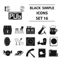 Cafe, party, alcohol, counter, food and other attributes of the pub.Pub set collection icons in black style vector