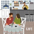 Cafe. People at a table in a trendy coffee house and barista in the background behind the bar in the interior. Couple talk and Royalty Free Stock Photo