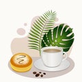 Cafe poster with a cup of coffee, a berliner and tropical plants.