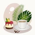 Cafe poster with a cup of coffee, cheesecake and tropical plants. Royalty Free Stock Photo