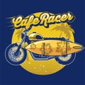 Cafe racer with surf board in design summer concept