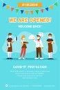 Cafe reopening. Vertical template for banner with chef, waiters and message We are opened, Welcome