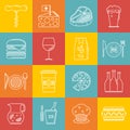 Cafe and restaurant lineart minimal vector iconset on multicolor checkered texture