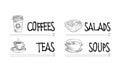 Cafe or restaurant menu template with cup of hot coffee and tea, bowl of tasty salad and soup. Hand drawn vector design