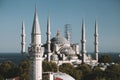 Cafe or restaurant on the roof with panoramic windows and view on Sultan Ahmed Blue Mosque. Istanbul, Turkey. Aerial top Royalty Free Stock Photo