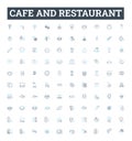 Cafe and restaurant vector line icons set. Location, Atmosphere, Menu, Entrees, Appetizers, Desserts, Beverages