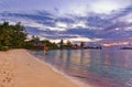 Cafe on Seychelles tropical beach at sunset Royalty Free Stock Photo