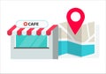 Cafe or store location with pin pointer and navigation map vector illustration, flat cartoon shop or restaurant position