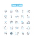 Cafe store vector line icons set. Cafe, Store, Coffee, Drinks, Food, Bakery, Desserts illustration outline concept Royalty Free Stock Photo