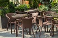 Cafe street,beautiful street cafe closed, Rattan chairs and tables Royalty Free Stock Photo