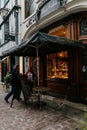 Cafe on the streets of the old town of Rouen with traditional half-timbered heritage houses. Rouen, Normandy, France Royalty Free Stock Photo