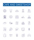 Cafe and sweetshop line icons signs set. Design collection of Cafe, Sweetshop, Dessert, Bakery, Donuts, Treats, Latte