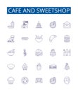 Cafe and sweetshop line icons signs set. Design collection of Cafe, Sweetshop, Dessert, Bakery, Donuts, Treats, Latte