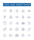 Cafe and sweetshop line icons signs set. Design collection of Cafe, Sweetshop, Dessert, Bakery, Donuts, Treats, Latte