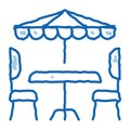 cafe table chairs and umbrella doodle icon hand drawn illustration Royalty Free Stock Photo