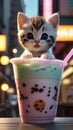 Adorable kitten peeking out from behind a bubble tea cup created by Generative Ai