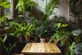 cafe table surrounded by lush potted ferns and pothos