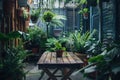 cafe table surrounded by lush potted ferns and pothos