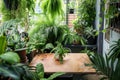 cafe table surrounded by lush potted ferns and pothos