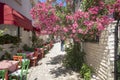 Cafe tables and chairs and pink flowers in the street. People walking on the street
