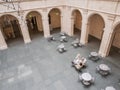 Cafe tables in the Fogg Art Museum courtyard