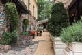 Cafe terrace in small European city Royalty Free Stock Photo