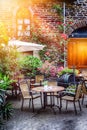 Cafe terrace in small European city Royalty Free Stock Photo