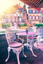 Cafe terrace in small European city Royalty Free Stock Photo