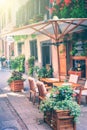 Cafe terrace in small European city Royalty Free Stock Photo