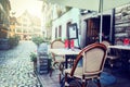 Cafe terrace in small European city Royalty Free Stock Photo