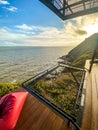 Cafe with a view above the cliffs and the sea, sky view, in Pha Suk nir, Ko Proet, in Chanthaburi, Thailand