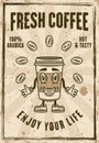 Cafe vintage poster with coffee paper cup cartoon smiling character vector illustration. Layered, separate grunge