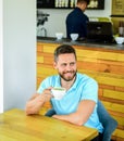 Cafe visitor happy smiling face enjoy coffee drink. Improve overall health. Take moment to care about yourself. Coffee