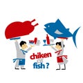 cafe waiters hold meat and fish. simple flat header. vector illustration on white background