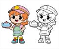 cafe waitress cartoon coloring page with color examples carrying cups and teapots