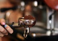 A cafe worker brings freshly ground coffee to a coffee machine. Royalty Free Stock Photo