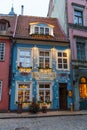 Cafes and restaurants in the historic buildings of Riga`s Old Town. Royalty Free Stock Photo