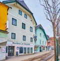 Cafes and shops in Esplanade embankment, Bad Ischl, Salzkammergut, Austria