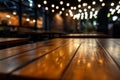 Cafes wooden table up close, bokeh background sets the ambiance